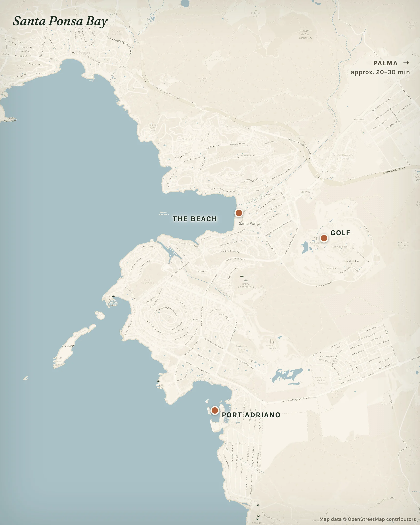 Map of Santa Ponsa Bay: the beach, the town, the golf courses and Port Adriano